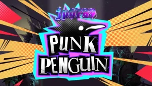 Tampilan visual slot Punk Penguin dengan tema konser punk yang penuh energi